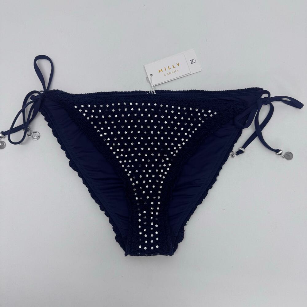 NWT Milly Cabana Glimmer String Bikini Bottom Crystal Applique Blue Navy sz L